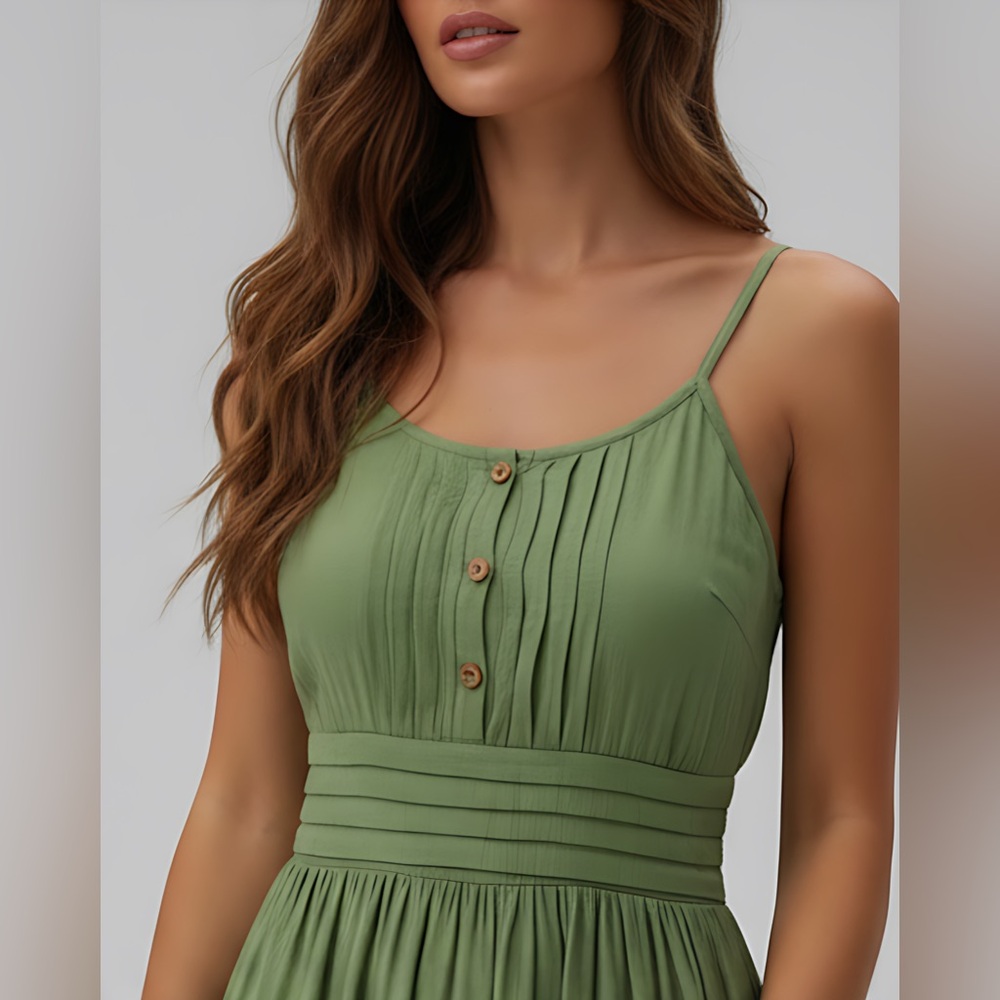 Boho Shirred Ruffle Lace Hem Maxi Dress Green - Picture 3 of 9